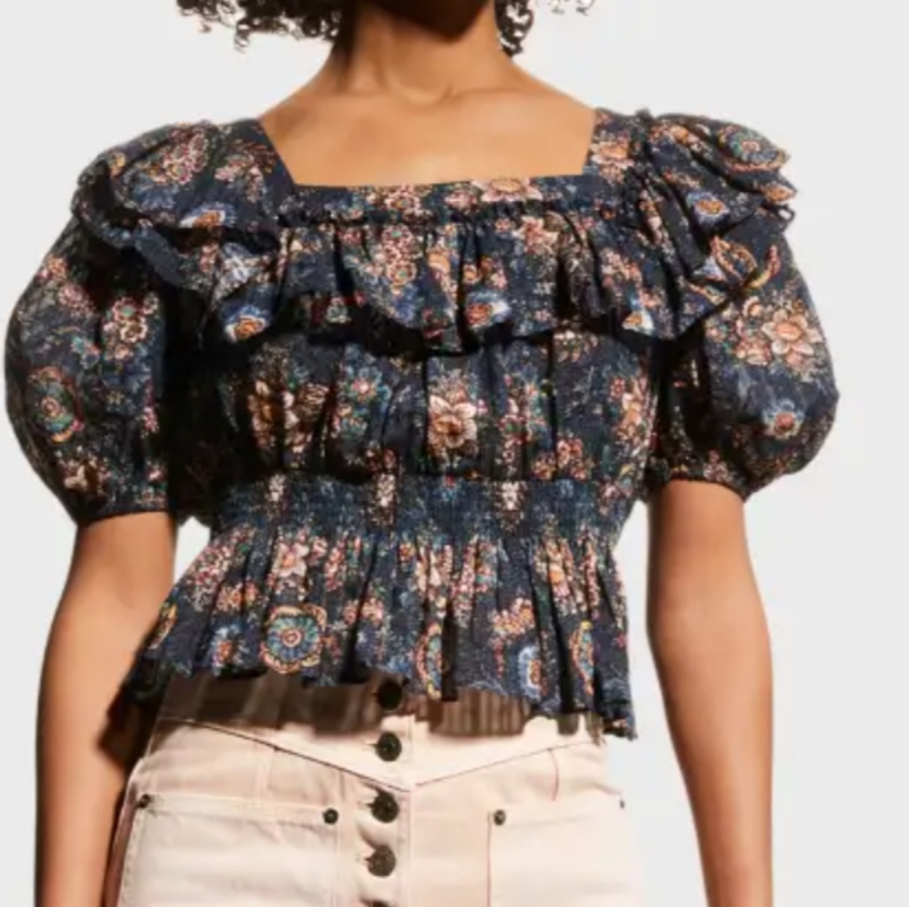 Ulla Johnson warner Floral Puff sleeve Peplum blouse ruffled neckline/Waist sz 2